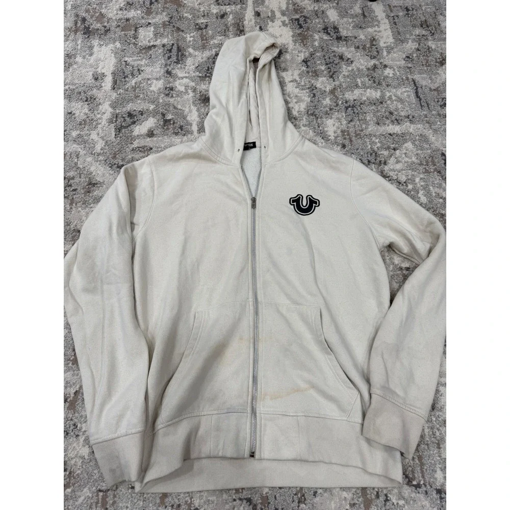 True Religion Mens Zip Up Hoodie Cream Off White Horseshoe Logo XL Sweatshirt